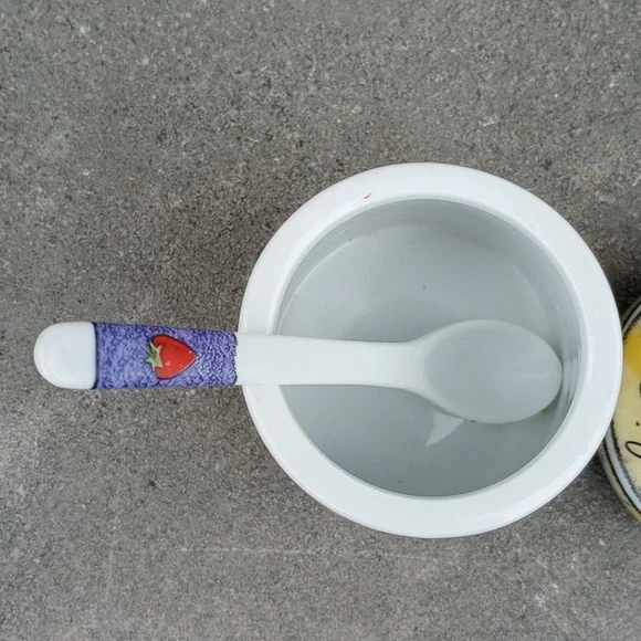 Decorative Ceramic Sugar Bowl & Spoon, Fruit: Strawberry Blueberry Cherry Orange - Picture 5 of 6